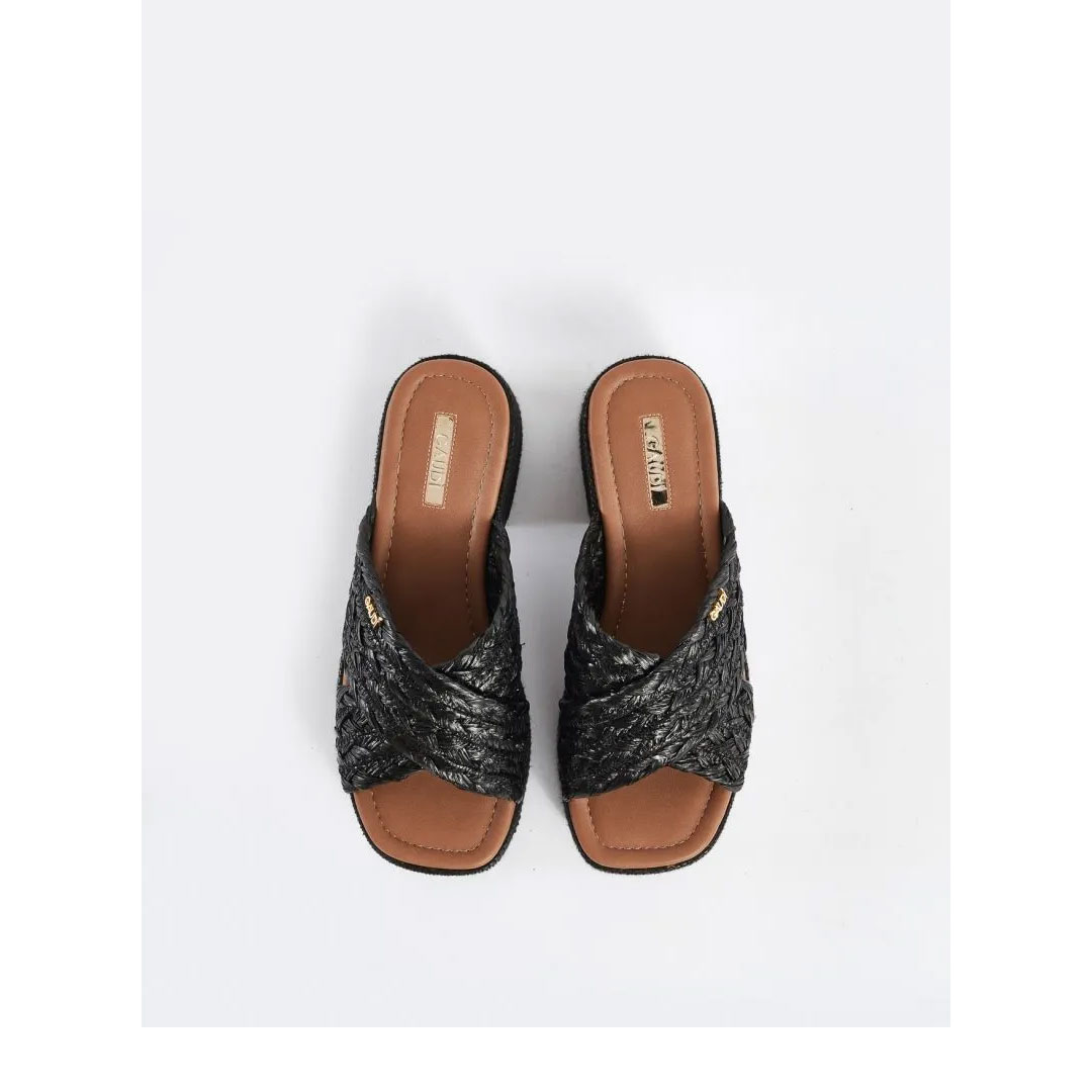 Gaudi Black Braided Raffia Sandals